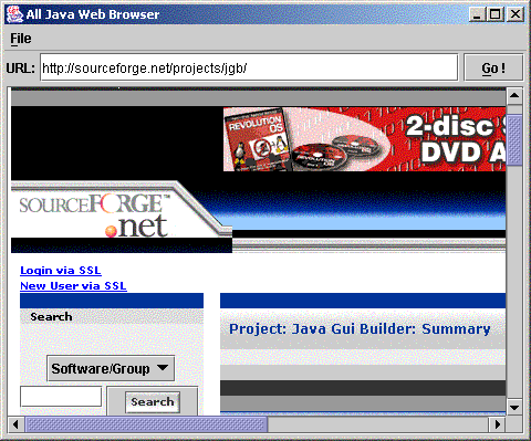 The All Java web browser on the Java GUI Builder's SourceForge.net's project summary.